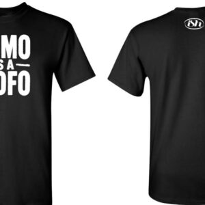 FOMO IS A MOFO black t-shirt front and back view with ISH logo